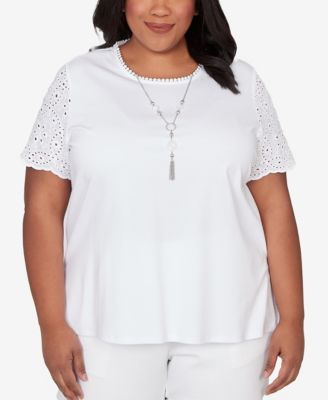 Plus Size Classic Solid Eyelet Sleeve T-Shirt with Necklace