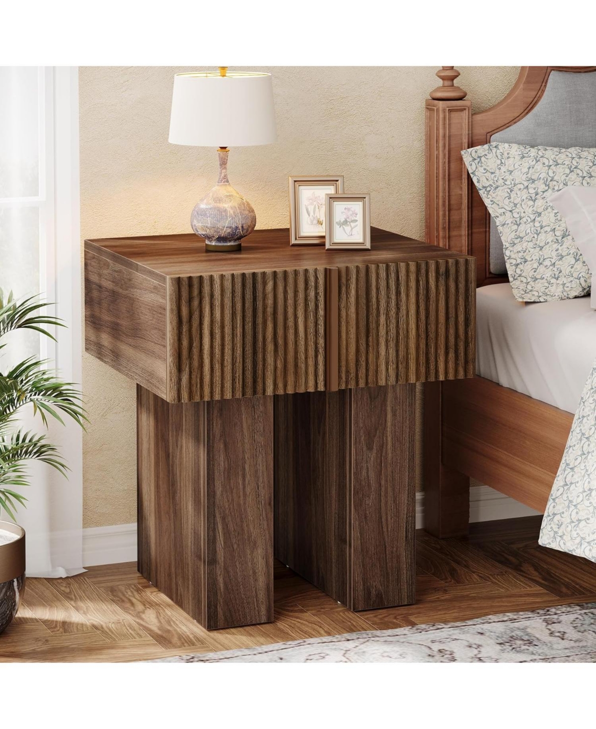 Tribesigns Fluted Nightstand, Wooden Night Stand with Storage Drawer, Modern Bedside Table Side End Table