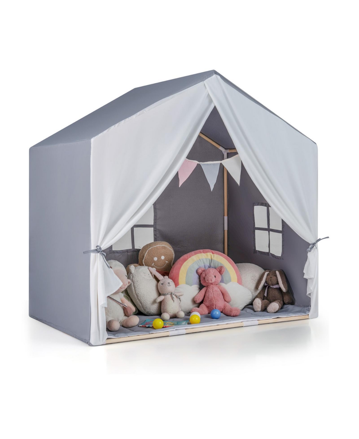 Hongge Kids Teepee Play Tent with Cotton Mat and Decorative Flag Banner - Grey