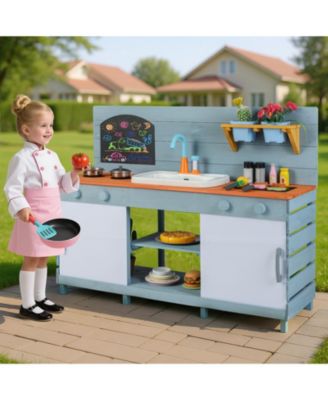 Wooden Outdoor Mud Kitchen Playset With Faucet Chalkboard And Storage Shelves