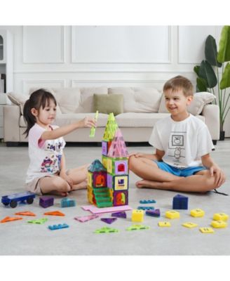 Magnetic Tiles Building Set for Kids with 121 Pieces STEM Construction Blocks and Car Bases