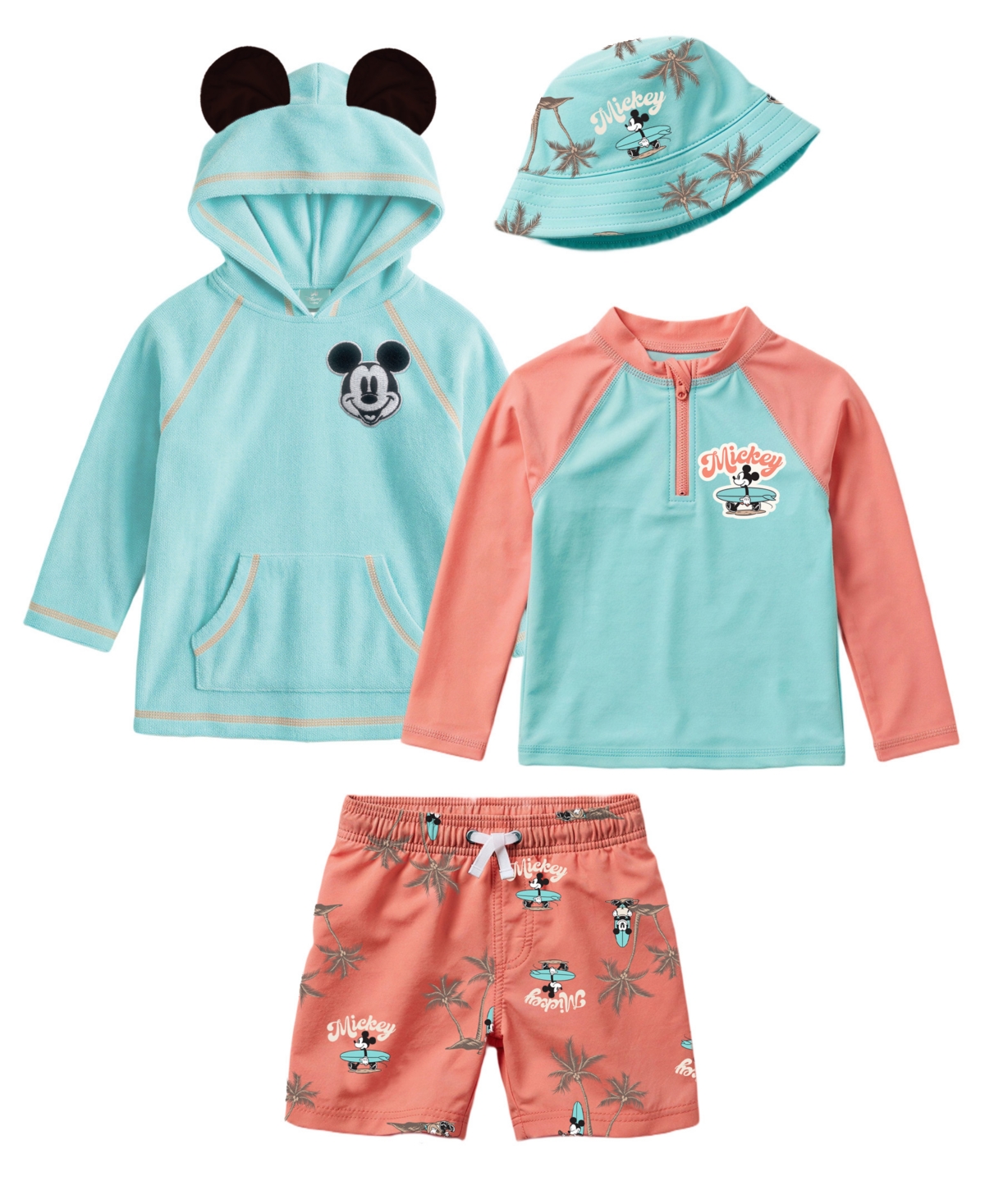 Disney Baby Boys' Mickey Rashguard Top, Cover-Up, Swim Shorts and Bucket Hat, 4-Piece Set