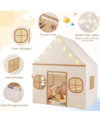 Kids Indoor Play Tent with Windows Star Lights Mat and Storage Pockets