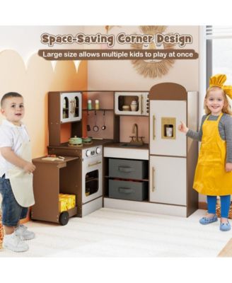 Kids Corner Wooden Play Kitchen with Lights Sounds Retractable Countertop and Storage