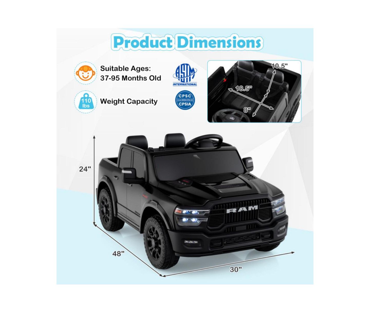 Детская игрушка HONGGE Rebel 24V Two-Seater Ride-On Truck with Remote Control, Ages 3-10, цвет: Чёрный — фото 3