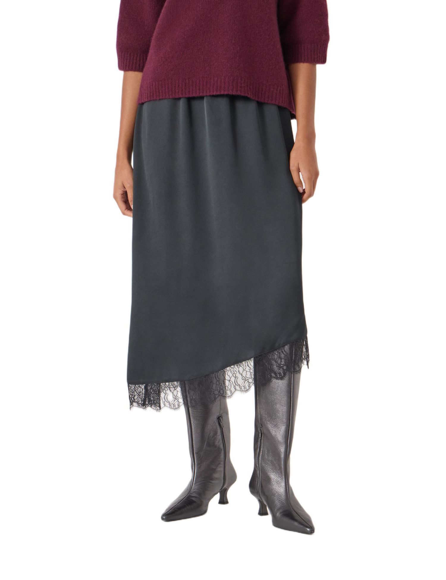 Women's Satin Asymmetric Lace Trim Skirt