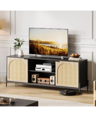 Rattan TV Stand for 75" TV, Mid-Century Entertainment Center with Adjustable Shelf and Storage