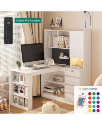 L Shaped Desk with Charger Drawers LED & Storage