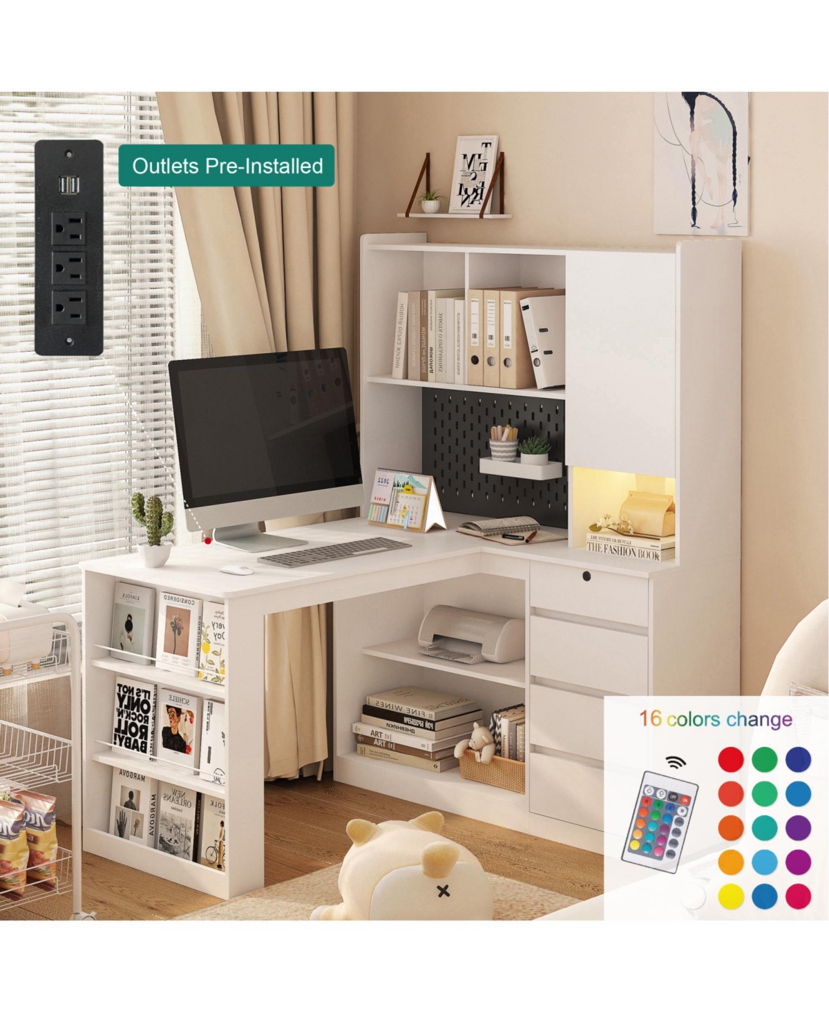 Streamdale Furniture L Shaped Desk with Charger Drawers Led & Storage