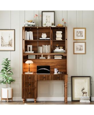 47" Retro Desk with Hutch, Charging, Drawers & Glass-Door Bookshelf, Walnut