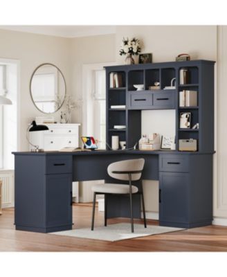  2-in-1 L-Shaped Desk w/ Cabinets, Drawers, Shelves & Power Outlet - Antique