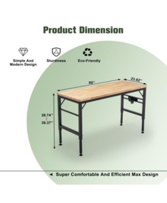 Adjustable Height Workbench, 60" Rubber Wood Top with Power Outlets, 2000 lbs Capacity