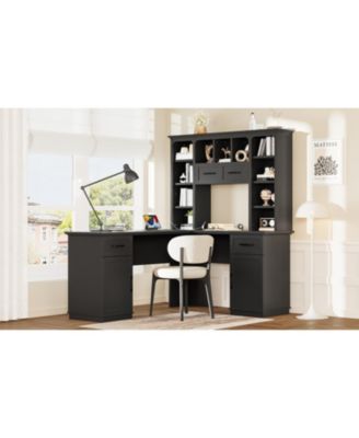 L-Shaped Desk w/ Cabinets, Drawers, Shelves & Flip-Up Storage