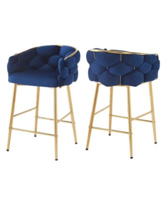 Set of 2 Modern Counter Stools, 28", Dark Blue with Iron Frame and Soft Cushion