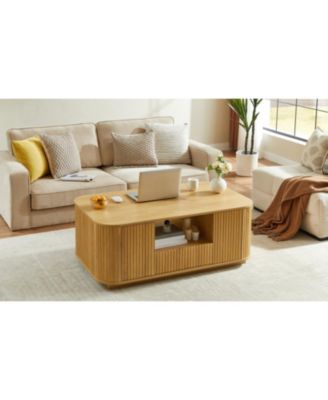 Modern Oval Coffee Table with Drawers & Storage - Natural