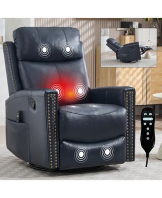 Blue Leather Heat Massage Rocker Swivel Recliner
