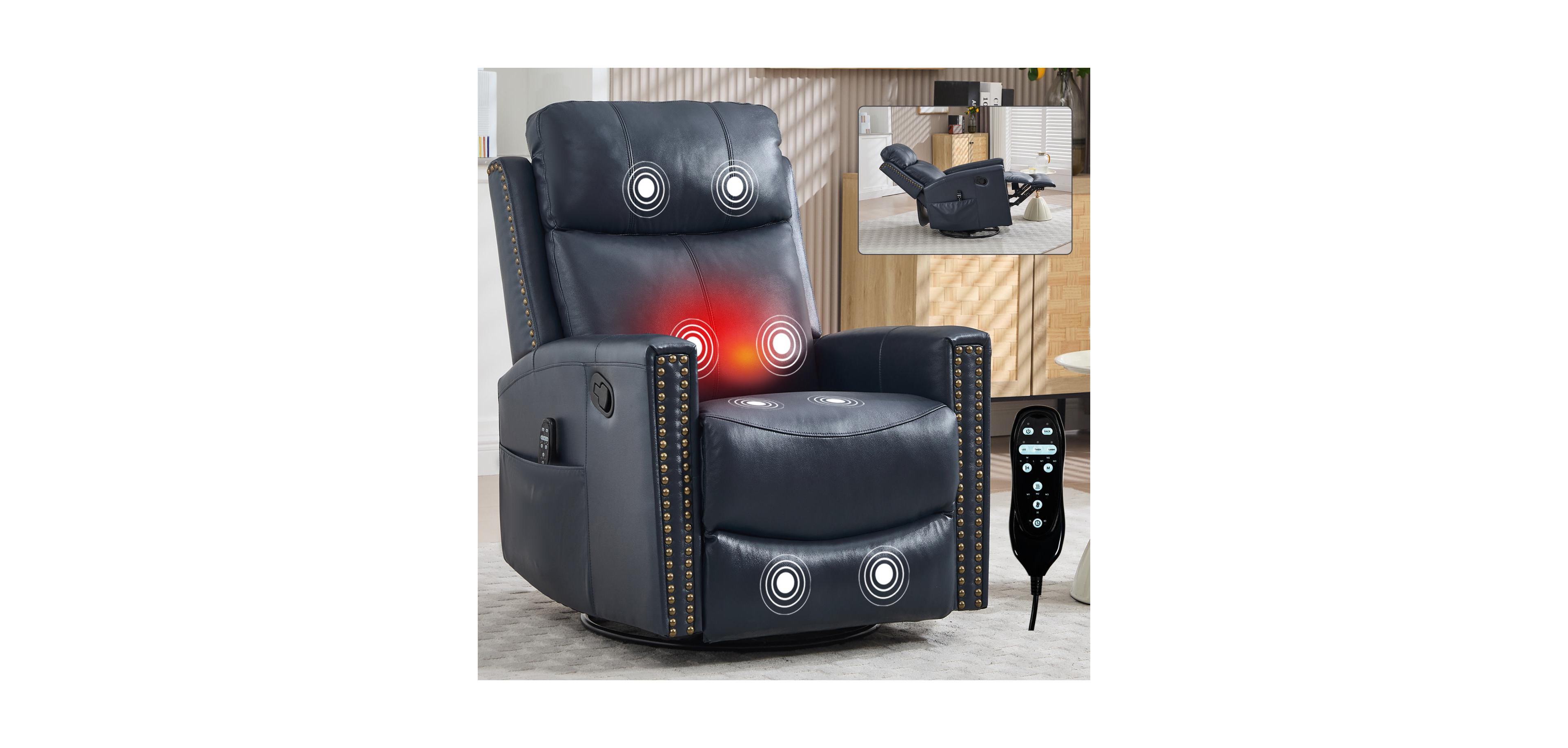 Streamdale Furniture Blue Leather Heat Massage Rocker Swivel Recliner