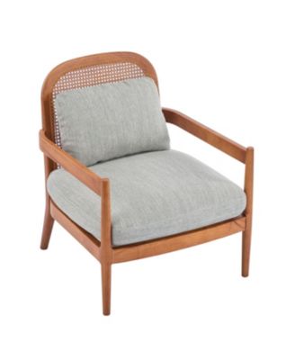 Mid-Century Modern Accent Chair - Walnut & Rattan, Grey-Green Cushion (Set of 2)