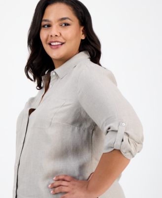 Plus Size 100% Linen Roll-Tab Shirt, Exclusively at Macy's