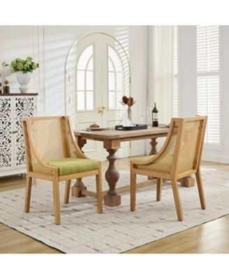 Rattan Dining Chair, Wood Frame, Linen Seat, Rustic Style, Olive Green