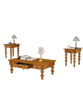 Solid Wood Coffee Table Set of 3 w/ Drawer - Vintage Style (Natural)