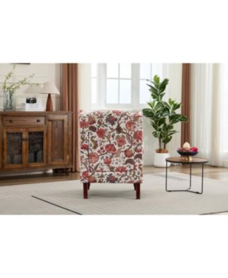 Floral Red Accent Chair with Wood Legs