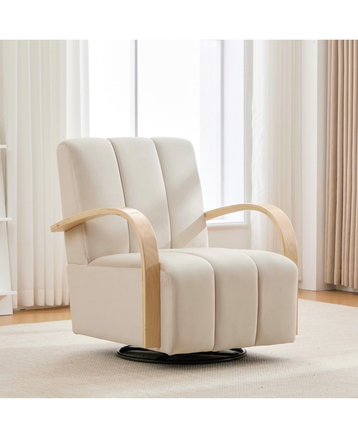 Streamdale Furniture 30.7" Swivel Accent Chair - Channel Tufted, Wood Armrests - Beige