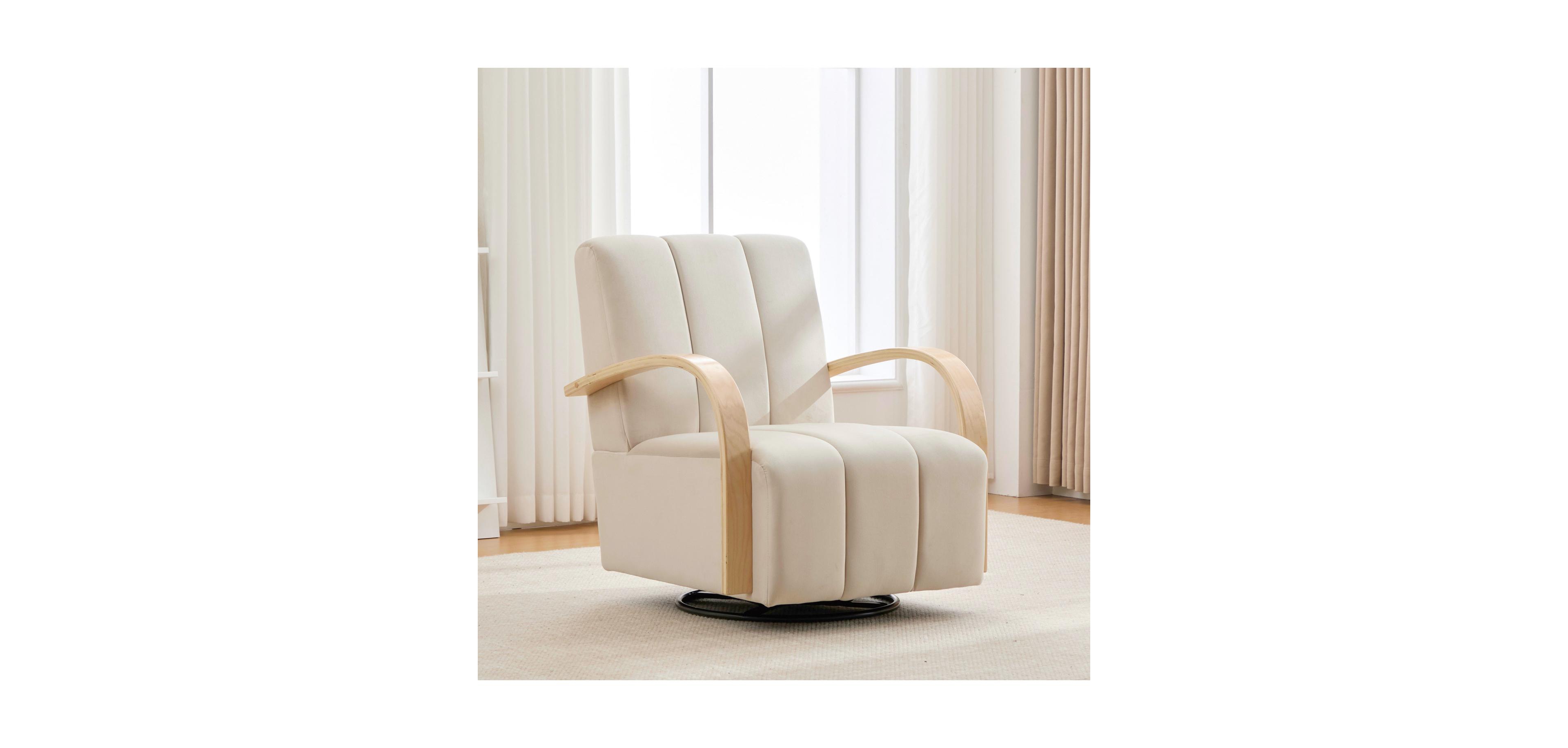 Streamdale Furniture 30.7" Swivel Accent Chair - Channel Tufted, Wood Armrests - Beige