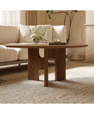 31.5 Inches Round Rustic Ash Wood Veneer Coffee Table for Small Living Room