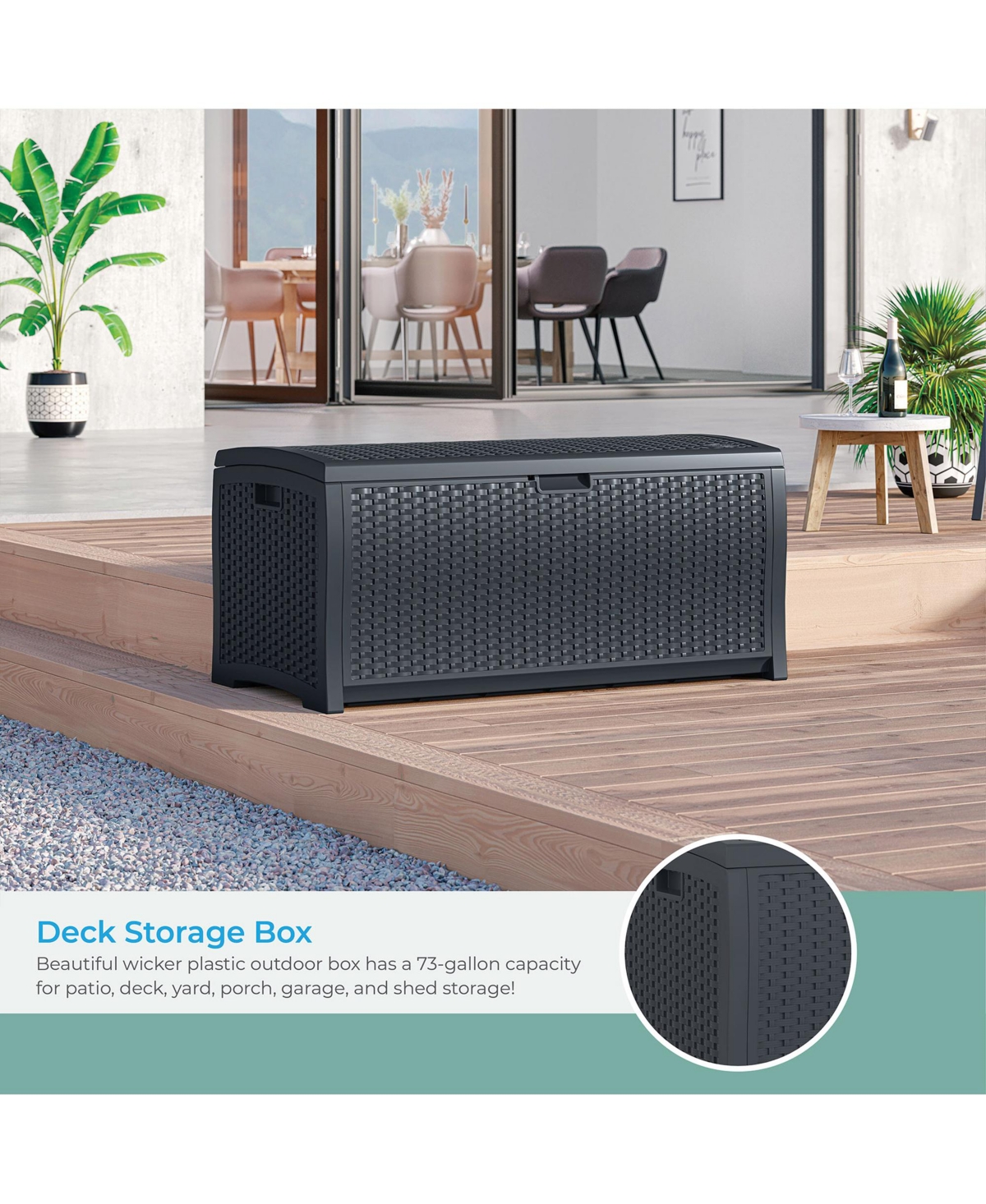 Suncast 73 Gallon Resin Wicker Outdoor Patio Storage Deck Box, Cyberspace