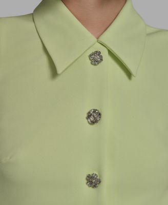 Women's Flower-Button Collared Sleeveless Shift Dress