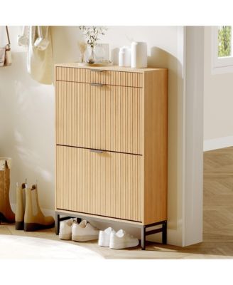Fluted Shoe Storage Cabinet, Narrow Shoe Organizer with 2 Flip Drawers