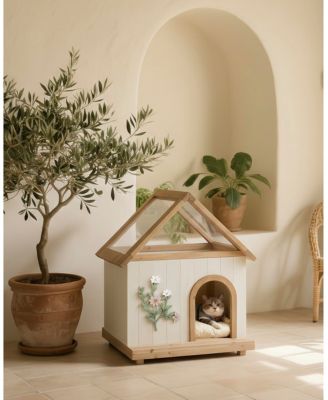FSC Cedar Floral Carved Transparent Roof Cat House