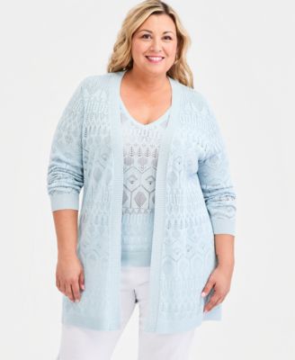 Plus Size Metallic Pointelle Knit Open-Front Cardigan