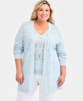 JM Collection Plus Size Metallic Pointelle Knit Open-Front Cardigan ...