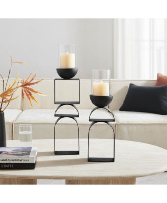 Black Geometric Pedestal Tabletop Candle Holders Set of 2