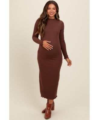 Maternity Brown Ruffle Mock Neck Long Sleeve Midi Dress