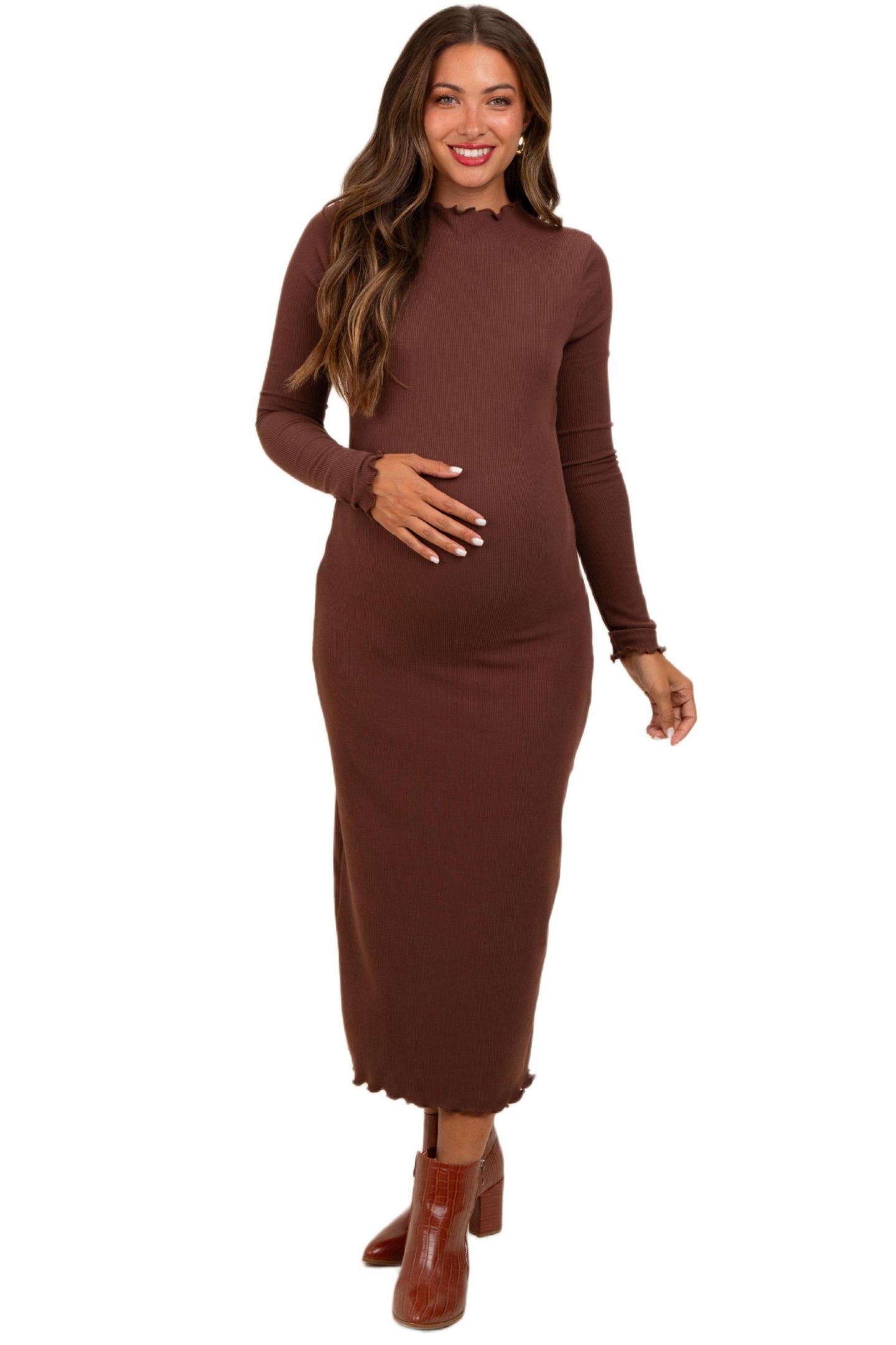 Женское платье Pinkblush Brown Ruffle Mock Neck Long Sleeve Midi, цвет: Коричневый — фото 2