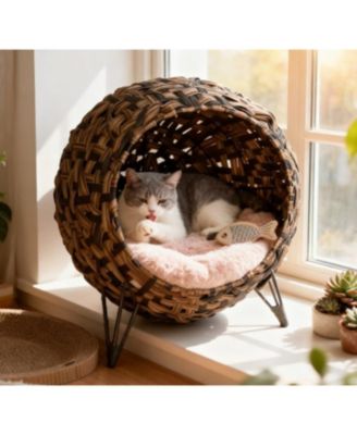 Hand Woven Banana Leaf Elevated Cat Bed with Cushion