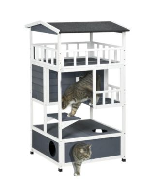 Gray Outdoor Wooden Feral Cat Shelter with Roof