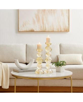 Enya Champagne Gold Tint Bubble Glass Stacked Orb Pillar Candle Holder Set of 2