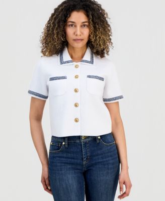 Petite Embroidered-Trim Cardigan