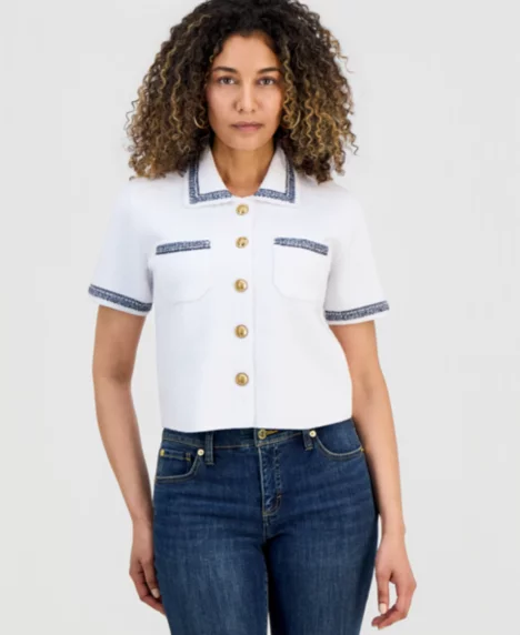 Petite Embroidered-Trim Cardigan - Bright White