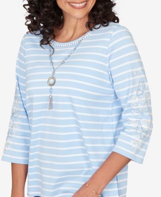 Petite Classic Stripe Cornflower Embroidered Sleeve Top with Necklace