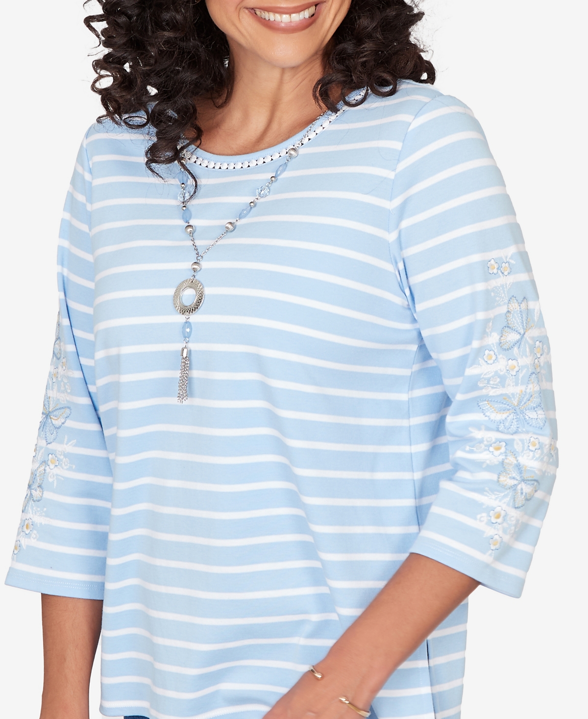 Alfred Dunner Petite Classic Stripe Cornflower Embroidered Sleeve Top with Necklace