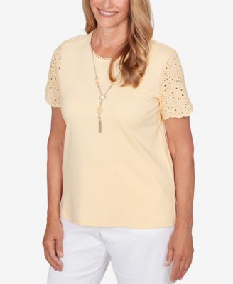 Petite Classic Solid Eyelet Sleeve Top with Necklace
