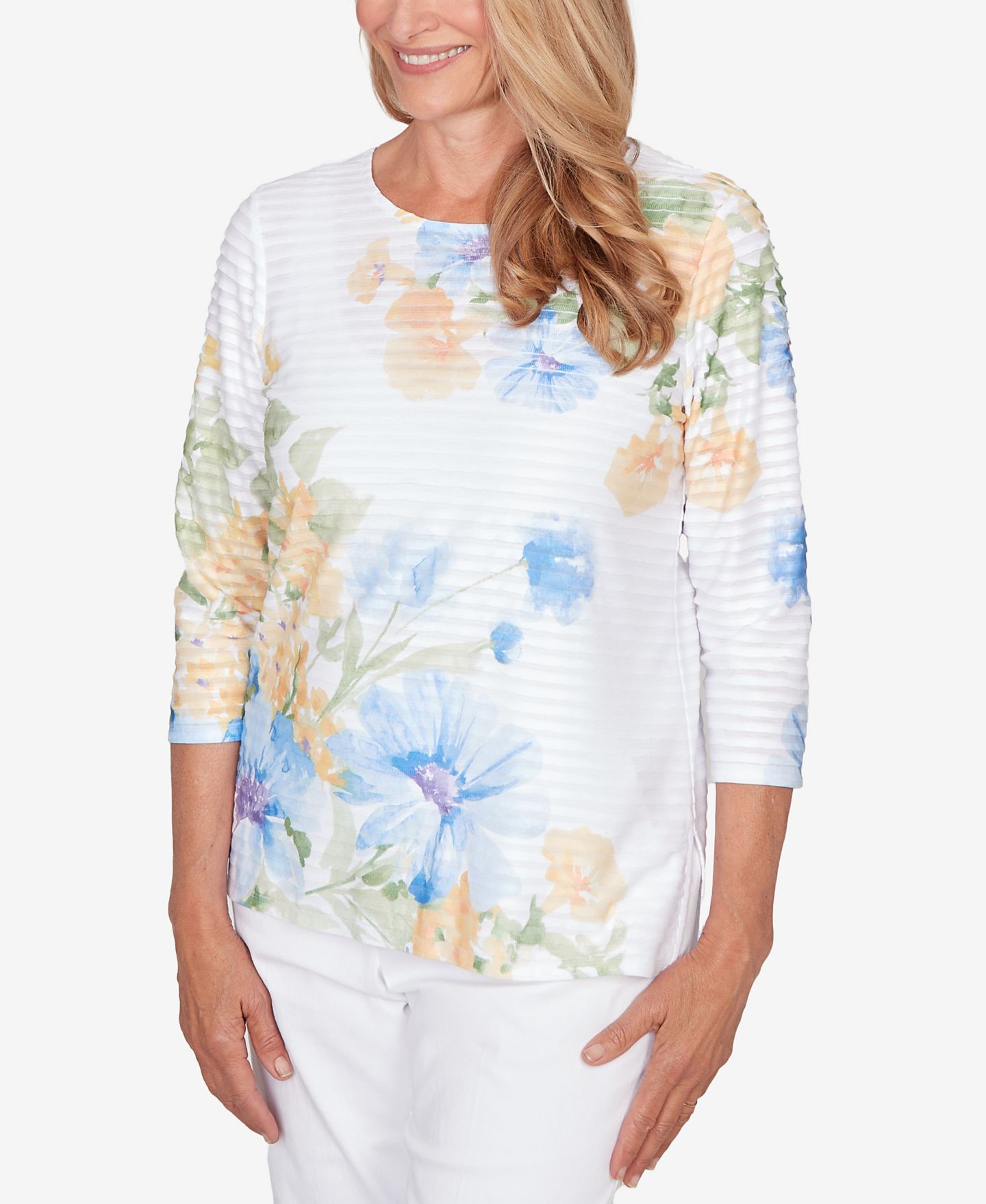 Женский топ Alfred Dunner Petite Classic Placed Floral Stripe, цвет: Разноцветный жёлтый — фото 2