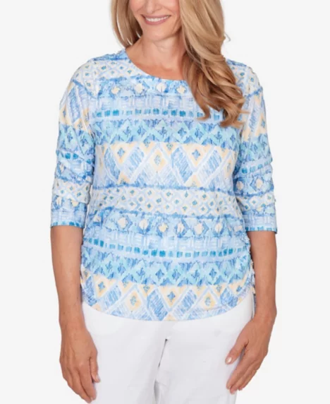 Petite Classic Ikat Biadere Tie Ruched Top - Cornflower