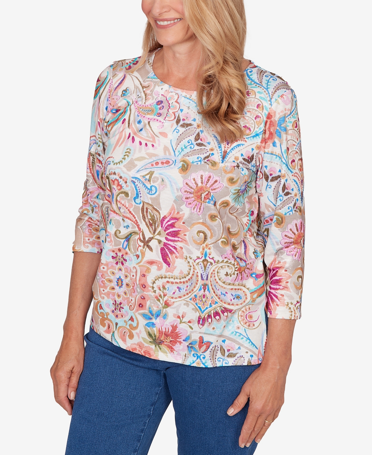Alfred Dunner Petite Classic Paisley Floral Pleated Neck Top