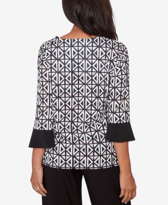 Petite Classic Floral Geo Patchwork Split Neck Top